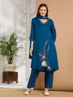 FASHOR - Floral Embroidered A-Line Kurta With Pant & Dupatta