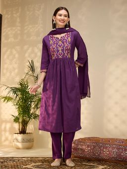 FASHOR - Embroidered A-Line Pleated Kurta With Pant & Dupatta