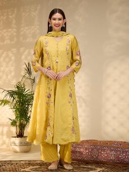 FASHOR - Solid Floral Embroidered Anarkali Kurta With Palazzo & Scalloped Dupatta