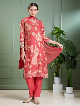 FASHOR - Floral Foil Printed Straight Kurta With Pant & Dupatta