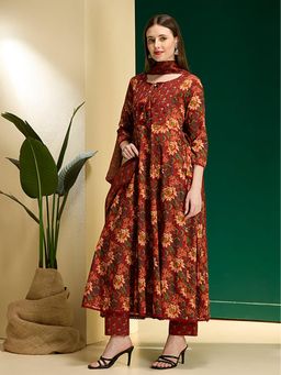 FASHOR - Ethnic Floral Printed Anarkali Flared Kurta With Pant & Dupatta