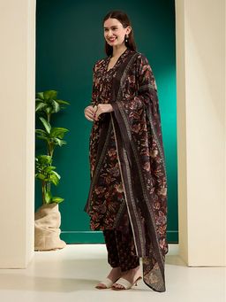 FASHOR - Floral Foil Printed Cutwork Embellished Straight Kurta With Pant