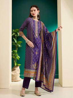 FASHOR - Ethnic Printed Straight Kurta With Pant & Dupatta - Purple
