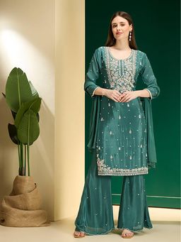 FASHOR - Floral Embellished Straight Kurta With Sharara & Dupatta