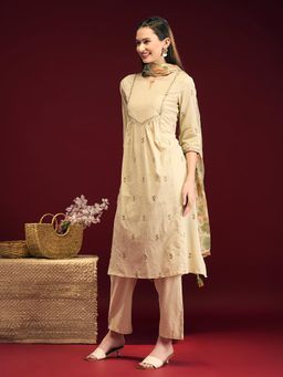 FASHOR - Floral Embroidered A-Line Pleated Kurta With Pant & Dupatta