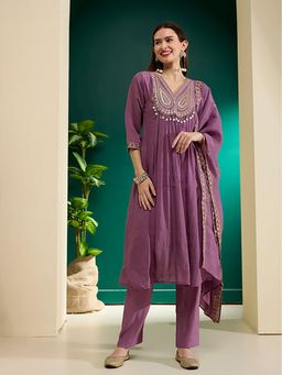 FASHOR - Ethnic Embroidered A-Line Pleated Kurta With Pant & Dupatta