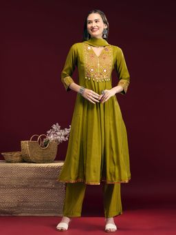 FASHOR - Mirror Embroidered Anarkali With Pant & Dupatta
