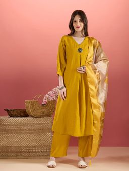 FASHOR - Solid Floral Embroidered A-Line Kurta With Palazzo & Dupatta