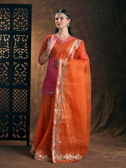 FASHOR - Leheriya Printed Embellished Kurti With Skirt & Dupatta