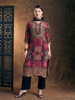 FASHOR - Ethnic Ikat Printed Straight Kurta With Pant & Dupatta