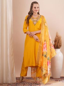FASHOR - Floral Hand Embroidered Straight Kurta With Pant & Printed Dupatta