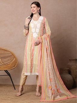 FASHOR - Floral Printed Embroidered Straight Fit Kurta With Pant & Dupatta