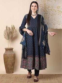 FASHOR - Ethnic Floral Printed & Embroidered Anarkali Kurta With Pant & Dupatta
