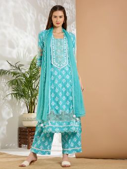 FASHOR - Floral Embroidered Straight Kurta With Palazzo & Dupatta