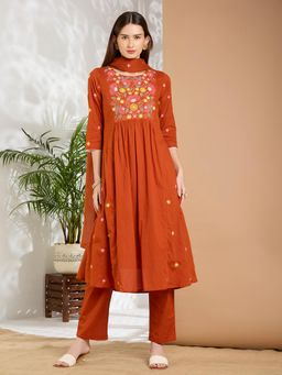 FASHOR - Floral Embroidered A-Line Flared Kurta With Pant & Dupatta