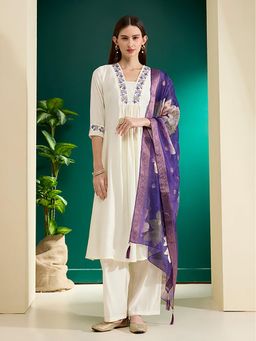 FASHOR - Floral Embroidered Anarkali Kurta With Palazzo & Dupatta