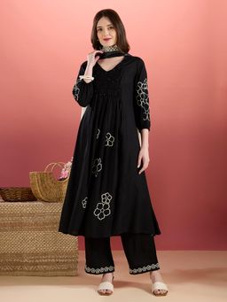 FASHOR - Floral Embellished A-Line Pleated Kurta With Palazzo & Dupatta