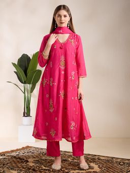 FASHOR - Embroidered A-Line Kurta With Pant & Dupatta