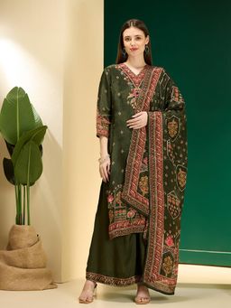 FASHOR - Floral Printed Embroidered Straight Kurta With Palazzo & Dupatta