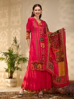 FASHOR - Floral Embroidered Straight Fit Kurta With Palazzo & Dupatta