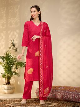 FASHOR - Elephant Work Embroidered Straight Kurta With Pant & Dupatta