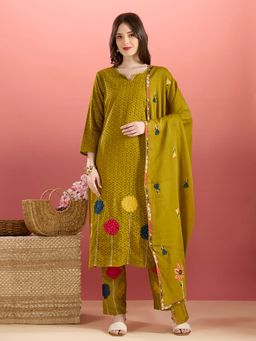 FASHOR - Schiffli Floral Embroidered Straight Kurta With Pant & Dupatta
