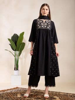 FASHOR - Floral Embroidered A-Line Pleated Kurta With Pant & Dupatta