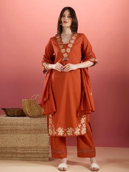 FASHOR - Floral Embroidered Straight Kurta With Pant & Dupatta