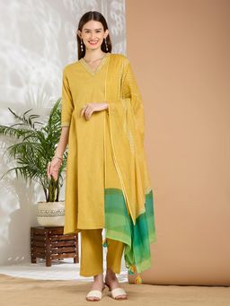 FASHOR - Embroidered A-Line Panelled Kurta With Pant & Dupatta