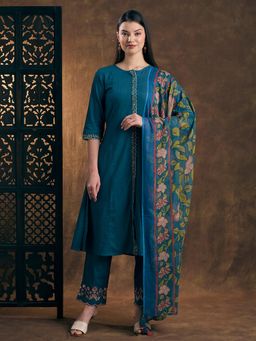 FASHOR - Embroidered A-Line Kurta With Pant & Dupatta