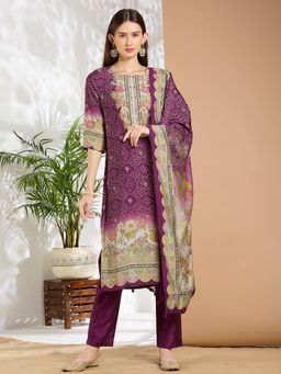 FASHOR - Bandhani Printed Mirror Work Straight Kurta With Pant & Dupatta