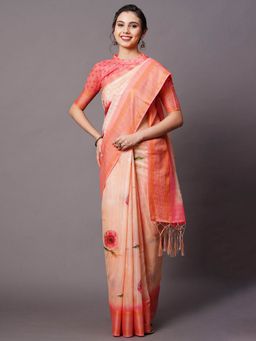 Odette - Peach Festive Linen Blend Printed Saree with Unstitched Blouse