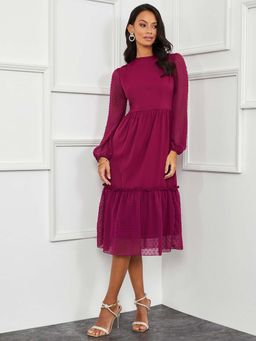 Styli - Purple Long Sleeves Dobby Tiered Midi Dress