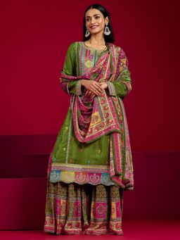 Libas Art - Green Ethnic Motif Embroidered Straight Kurta With Sharara & Dupatta