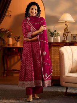 Libas Art - Women's Magenta Woven Design Silk Blend Anarkali Kurta With Pant & Dupatta