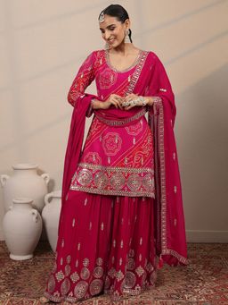 Libas Art - Pink Bandhani Printed & Embroidered Kurti With Sharara & Dupatta