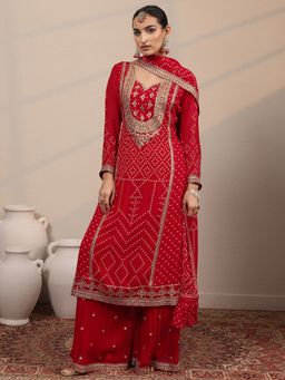 Libas Art - Red Bandhani Printed & Embroidered Kurta With Sharara & Dupatta