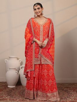 Libas Art - Orange Bandhani Printed Straight Kurta With Palazzo & Dupatta