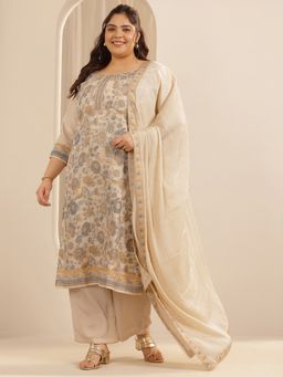 Extra love by Libas - Plus Size Beige Floral Woven Design Kurta With Pant & Dupatta
