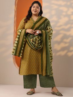 Extra love by Libas - Mustard Ethnic Motif Printed Straight Kurta With Palazzo & Dupatta