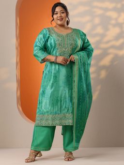 Extra love by Libas - Green Floral Printed & Embellished Straight Kurta With Pant & Dupatta