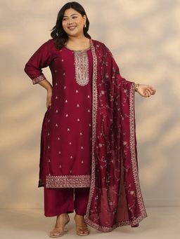 Extra love by Libas - Maroon Floral Thread Work Embroidered Kurta With Pant & Dupatta