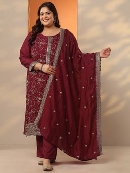 Extra love by Libas - Maroon Floral Zari Embroidered Straight Kurta With Pant & Dupatta
