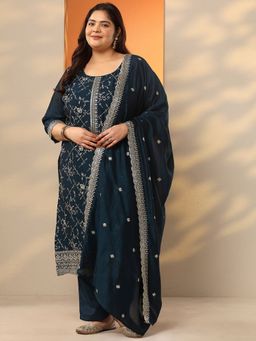 Extra love by Libas - Teal Floral Zari Embroidered Straight Kurta With Pant & Dupatta