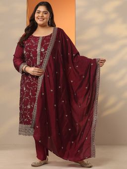 Extra love by Libas - Maroon Floral Zari Embroidered Straight Kurta With Pant & Dupatta