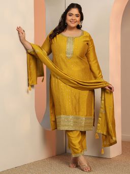 Extra love by Libas - Mustard Sequinned Embellished Straight Kurta With Pant & Dupatta