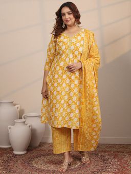 Extra love by Libas - Plus Size Yellow Floral Printed Straight Kurta With Pant & Dupatta