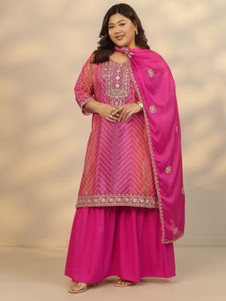 Extra love by Libas - Plus Size Pink Bandhani Zari Embroidered Kurta With Sharara & Dupatta