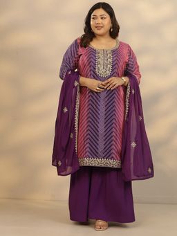 Extra love by Libas - Plus Size Purple Bandhani Zari Embroidered Kurta With Sharara & Dupatta