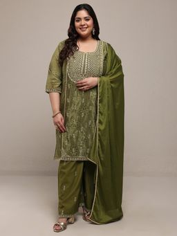 Extra love by Libas - Plus Size Olive Bandhani Zari Embellished Kurta With Palazzo & Dupatta